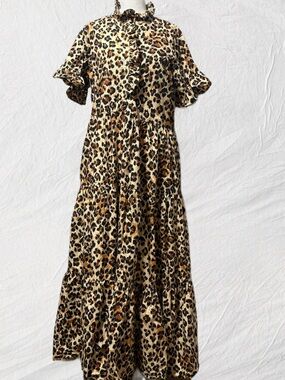 Leopard Print Ruffle Tiered Maxi Dress - Tan & Black